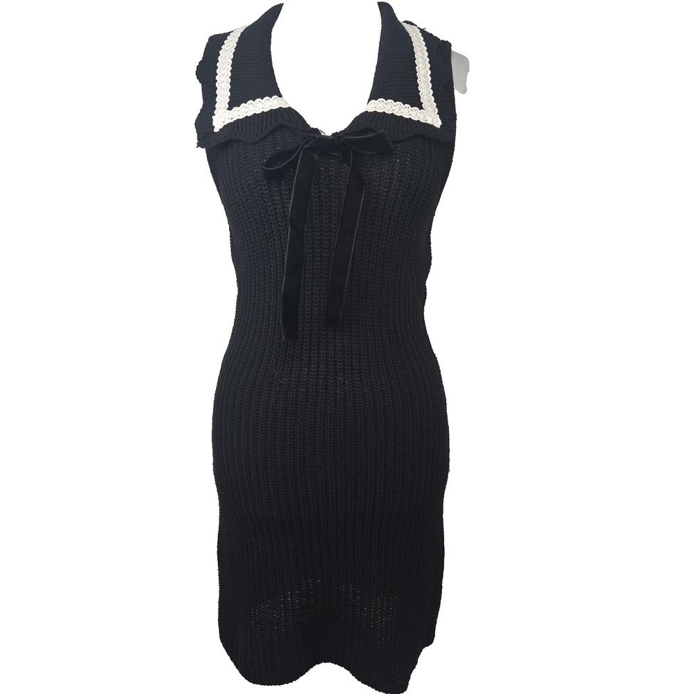 Le Lis Collection Small Black Cable Net Sleeveless Dress Cottage Core Preppy New